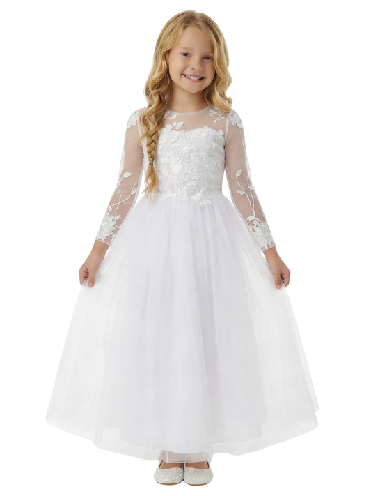 Long-Sleeve Illusion-Neck Flower Girl Gown Tulle Dress with 3D Floral Embroidery & Keyhole Back for Wedding Ceremonies