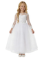 Long-Sleeve Illusion-Neck Flower Girl Gown Tulle Dress with 3D Floral Embroidery & Keyhole Back for Wedding Ceremonies