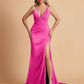 Elegant Satin Spaghetti Straps V-Neck Mermaid Side Slit Floor Length Bridesmaid Dresses