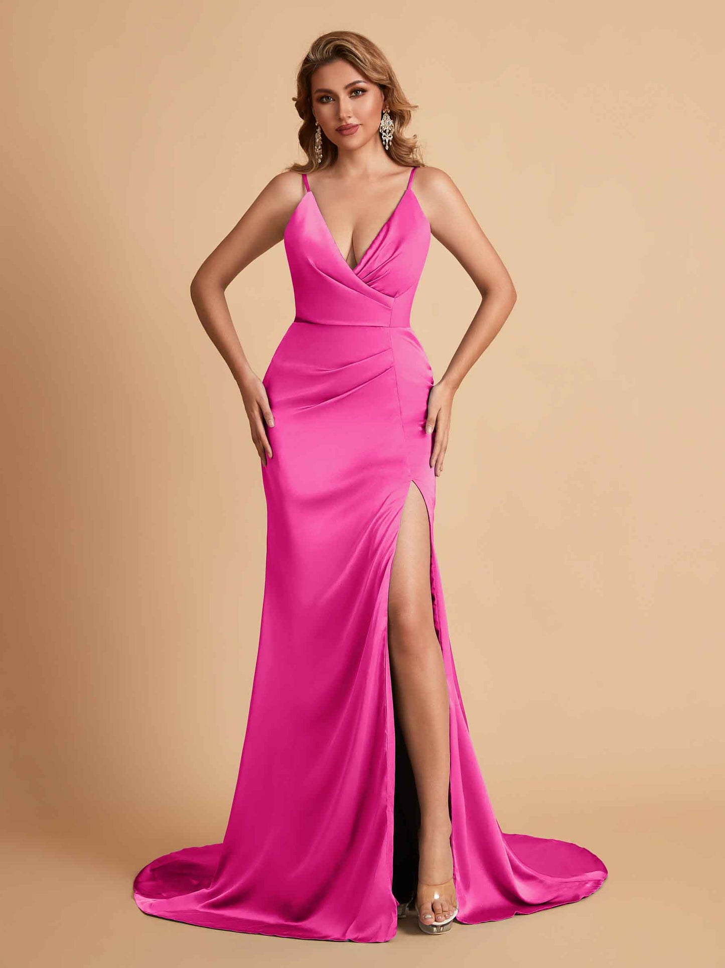 Elegant Satin Spaghetti Straps V-Neck Mermaid Side Slit Floor Length Bridesmaid Dresses