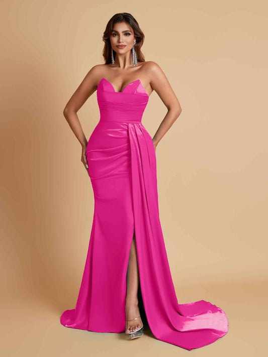 Gorgeous Strapless Soft Satin Side Slit Floor-Length Mermaid Bridesmaid Dresses