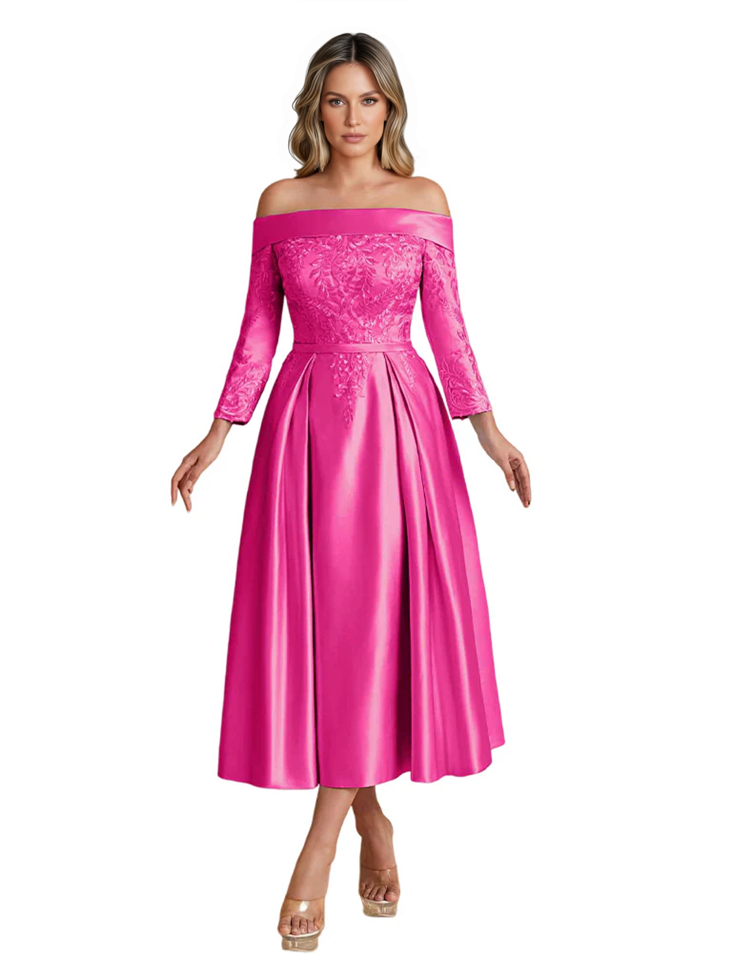 Off Shoulder Mother of the Bride Dress Tea-Length Satin Gown with Lace Applique