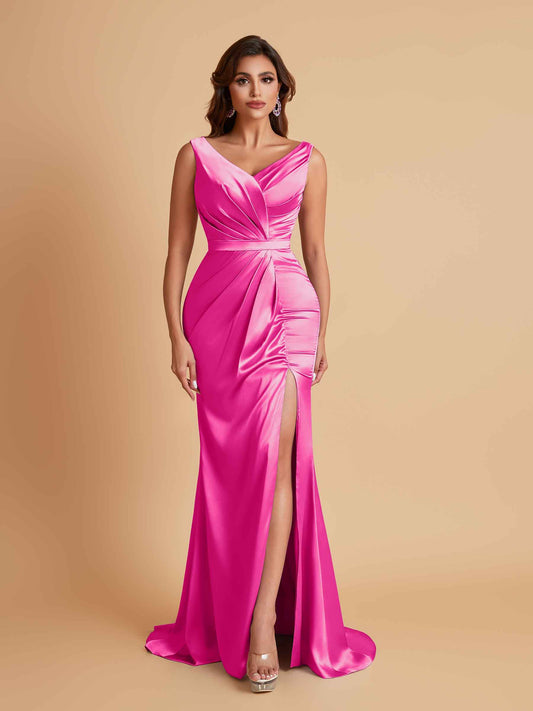 Elegant V Neck Soft Satin Side Slit Floor-Length Mermaid Bridesmaid Dresses