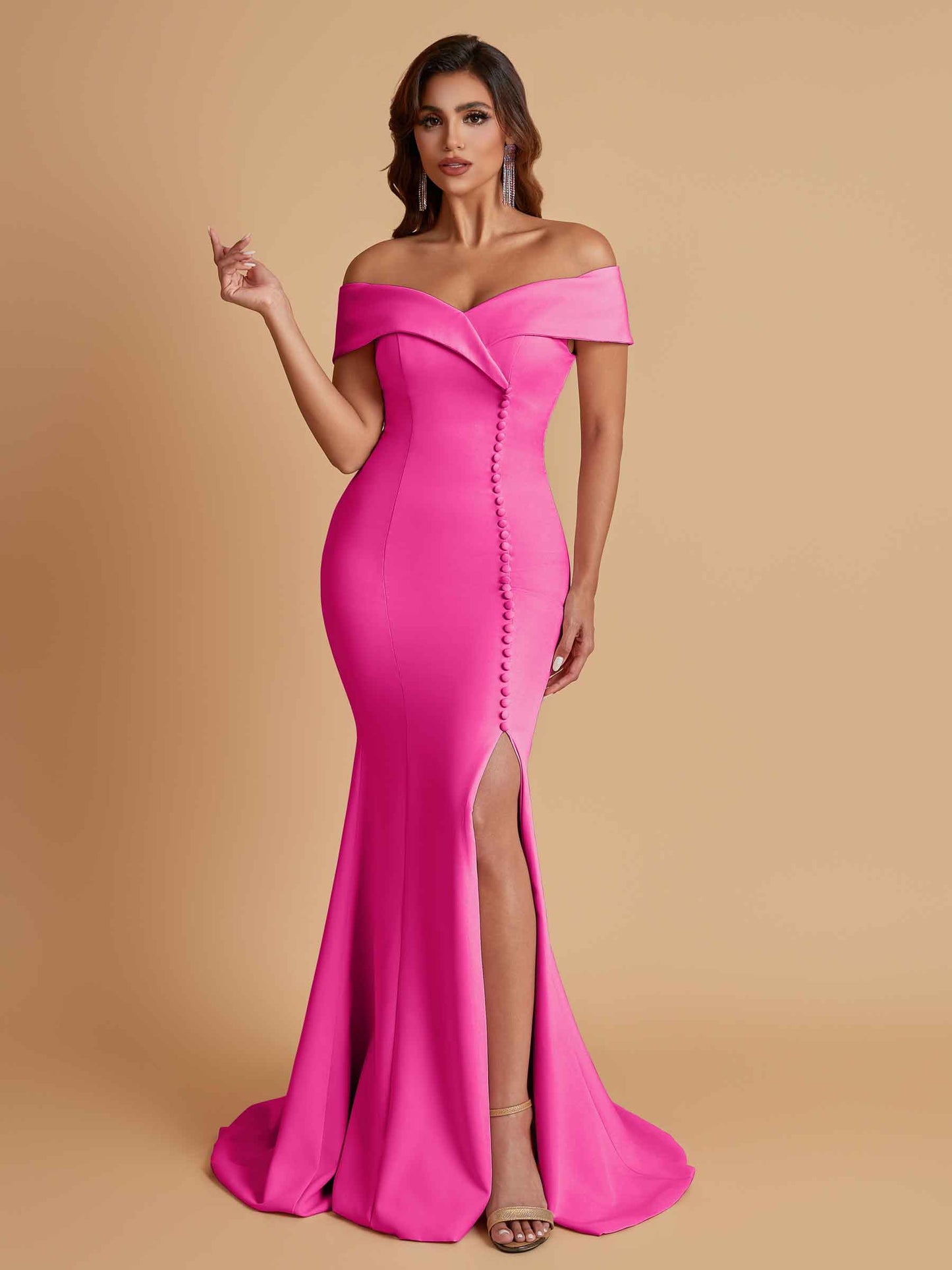 Elegant Soft Satin Mermaid Off Shoulder Side Slit Floor-Length Bridesmaid Dresses