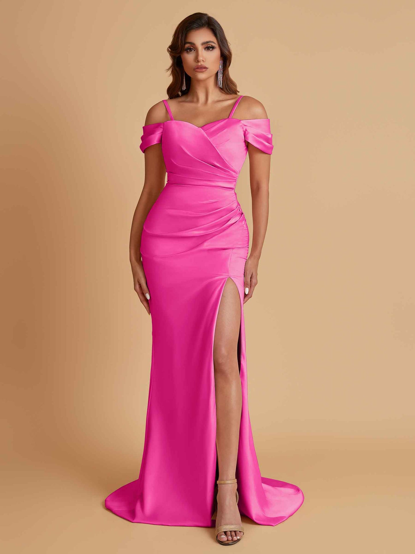 Sexy Soft Satin Mermaid Cold Shoulder Side Slit Floor-Length Bridesmaid Dresses Online