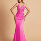 Sexy Satin Spaghetti Straps V-neck Mermaid Floor Length Applique Bridesmaid Dresses
