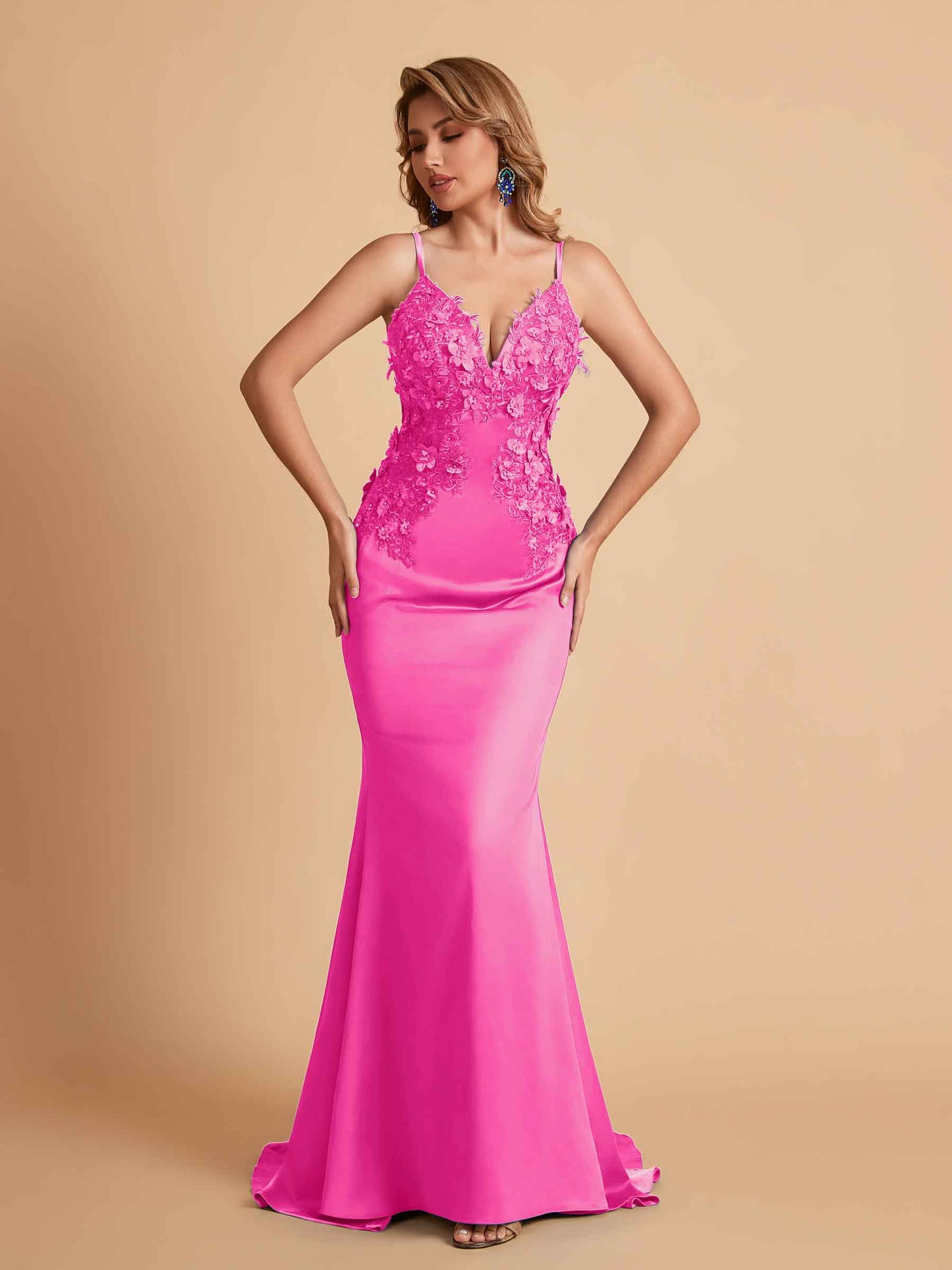 Sexy Satin Spaghetti Straps V-neck Mermaid Floor Length Applique Bridesmaid Dresses