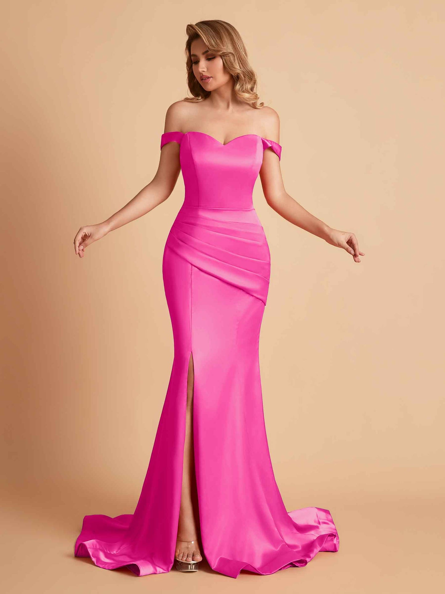 Elegant Satin Off the Shoulder Mermaid Side Slit Floor Length Bridesmaid Dresses