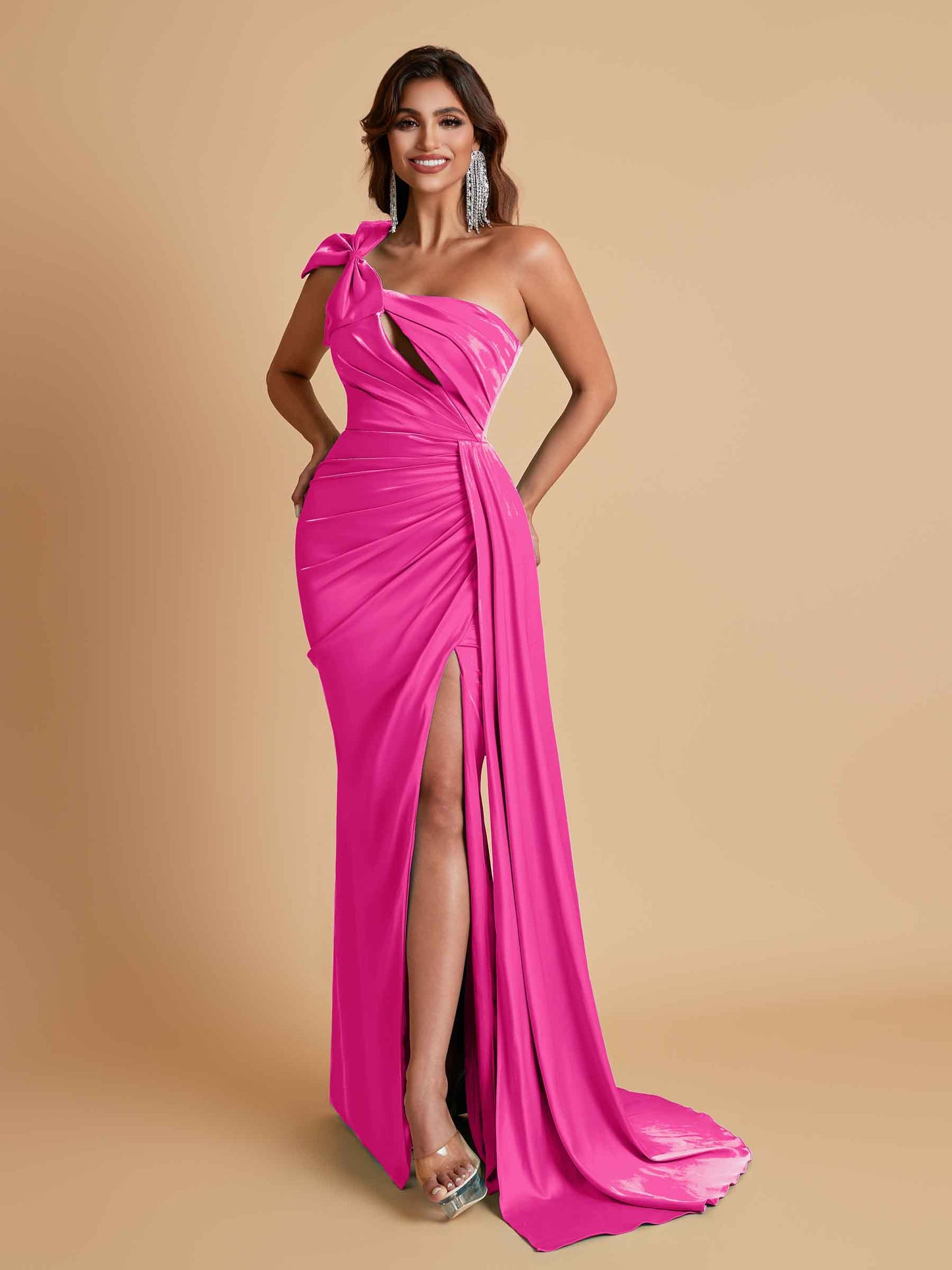 Gorgeous One Shoulder Bow Knot Soft Satin Side Slit Floor-Length Mermaid Bridesmaid Dresses