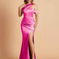 Sexy Satin Mermaid One Shoulder Pleats Side Slit Long Bridesmaid Dresses Online