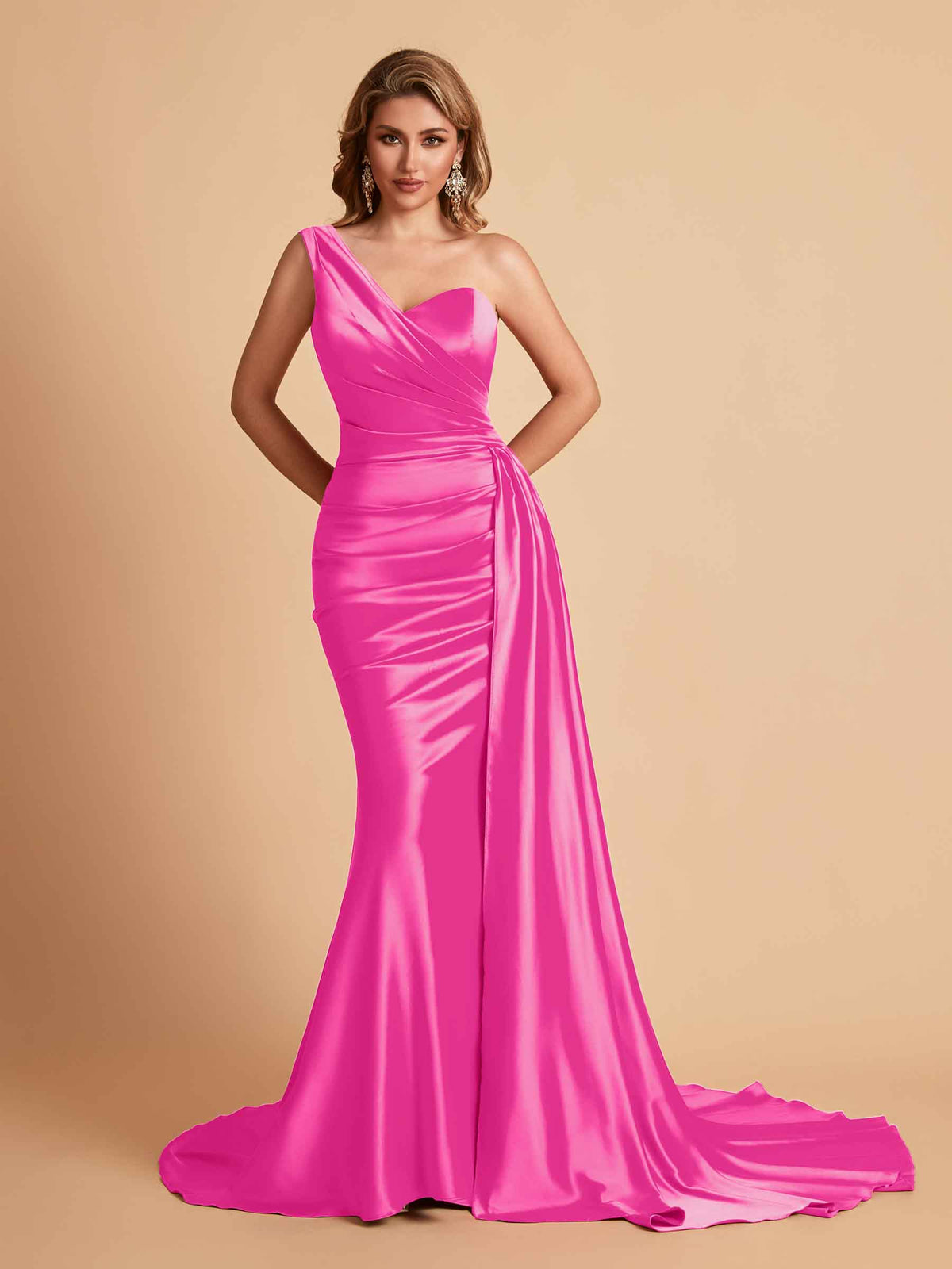 kiarelys bridesmaid dresses Wedding Outfits for Women Satin Mermaid One Shoulder Wedding Guest Maxi Long Dresses Online, Azalea Size:M size: Bust 80cm Waist 68cm Length 113cm prom dress split ecbB43f Black Dress And Pink