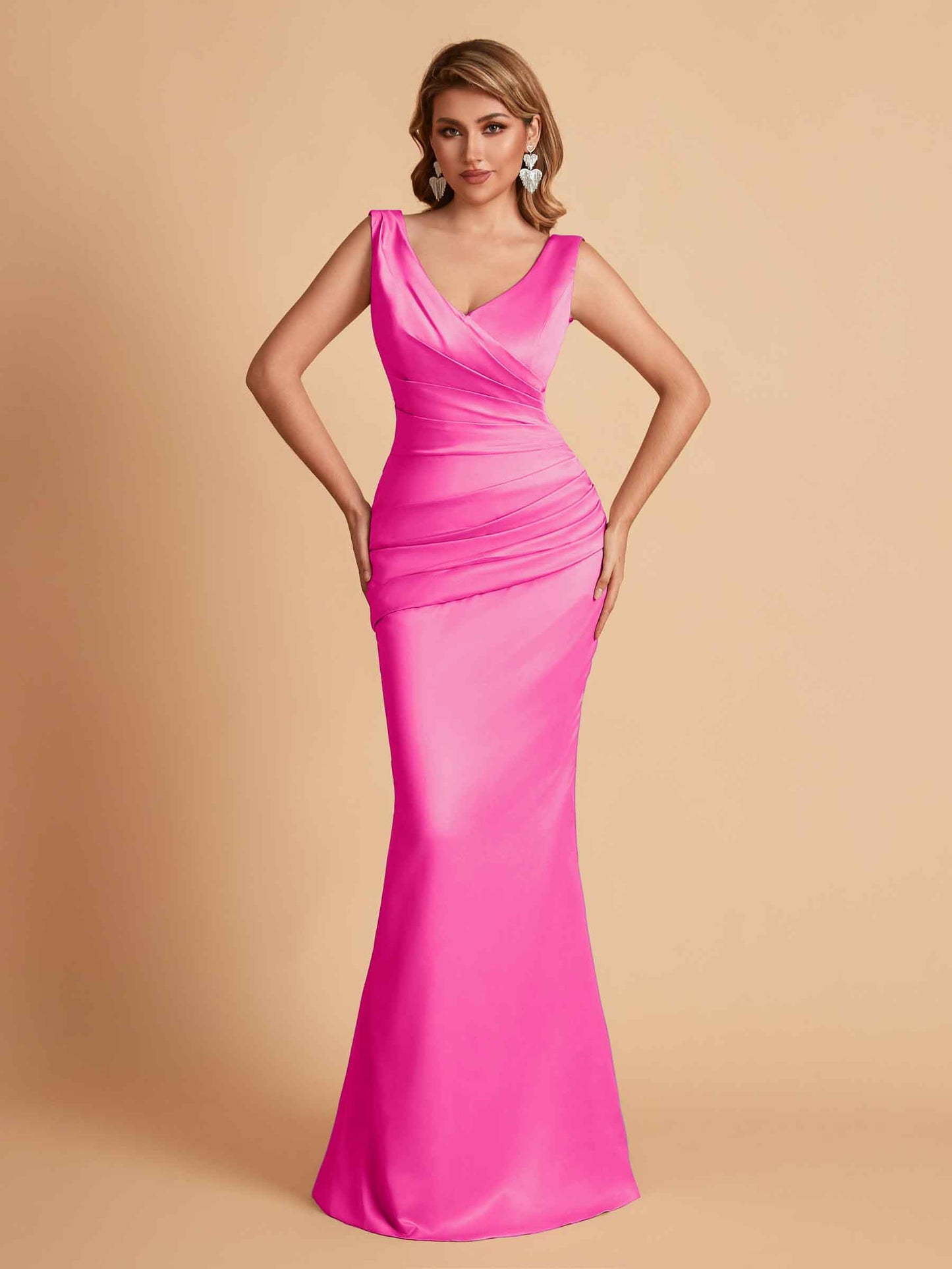 Elegant Satin V-neck Sleeveless Mermaid Floor Length Bridesmaid Dresses