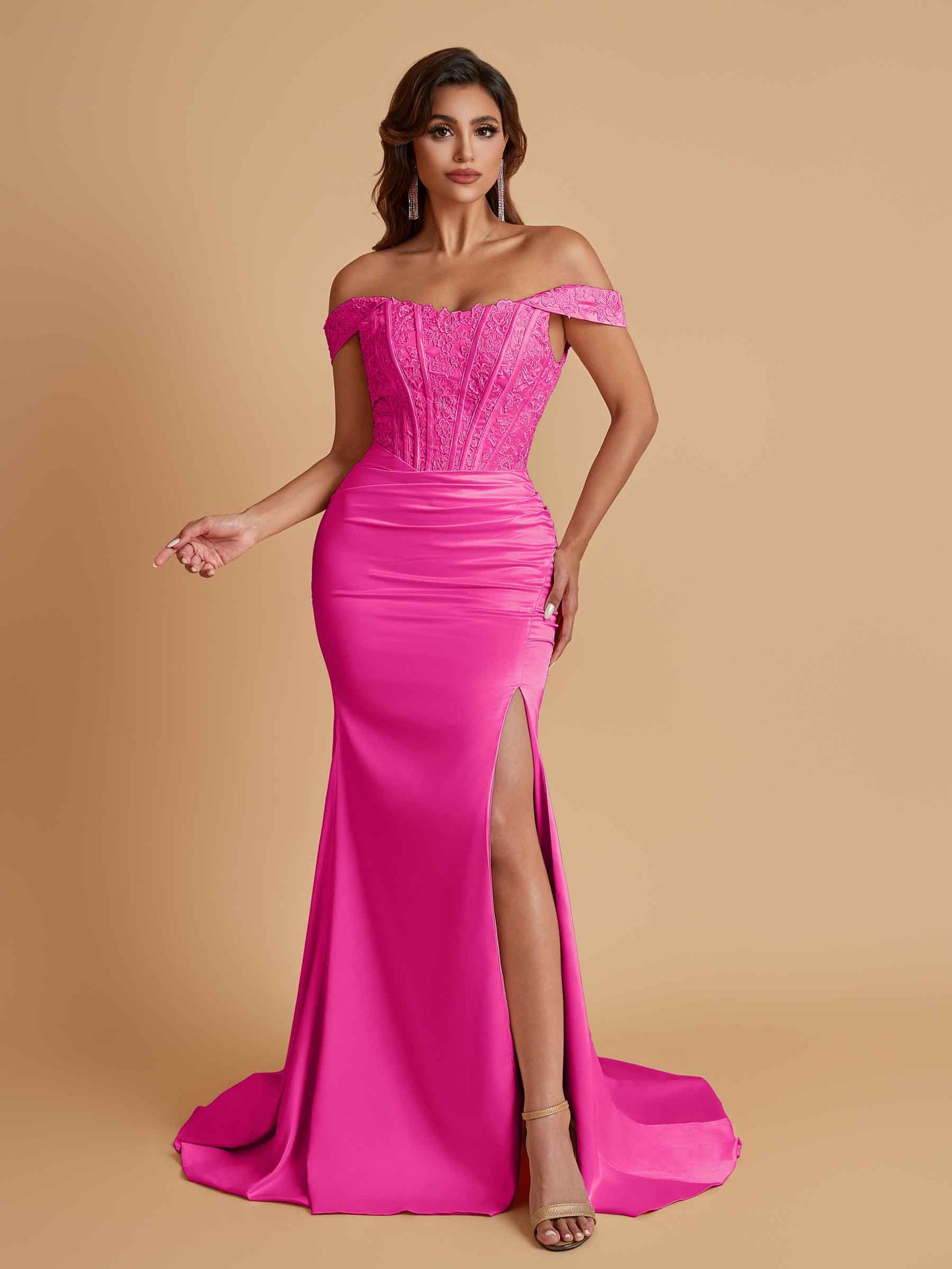 Elegant Soft Satin Mermaid Off Shoulder Side Slit Floor-Length Mermaid Bridesmaid Dresses