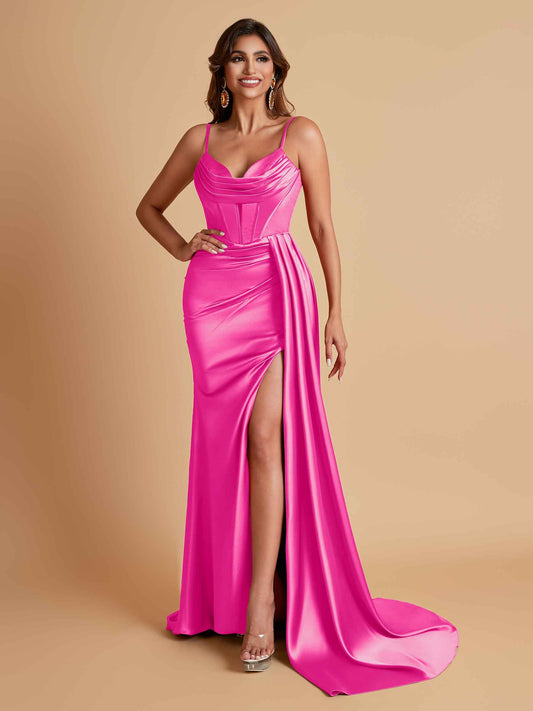 Sexy Soft Satin V-neck Spaghetti Strap Side-Slit Mermaid Bridesmaid Dresses