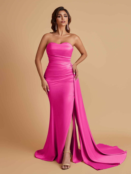 Simple Soft Satin Mermaid Strapless Floor-Length Mermaid Bridesmaid Dresses