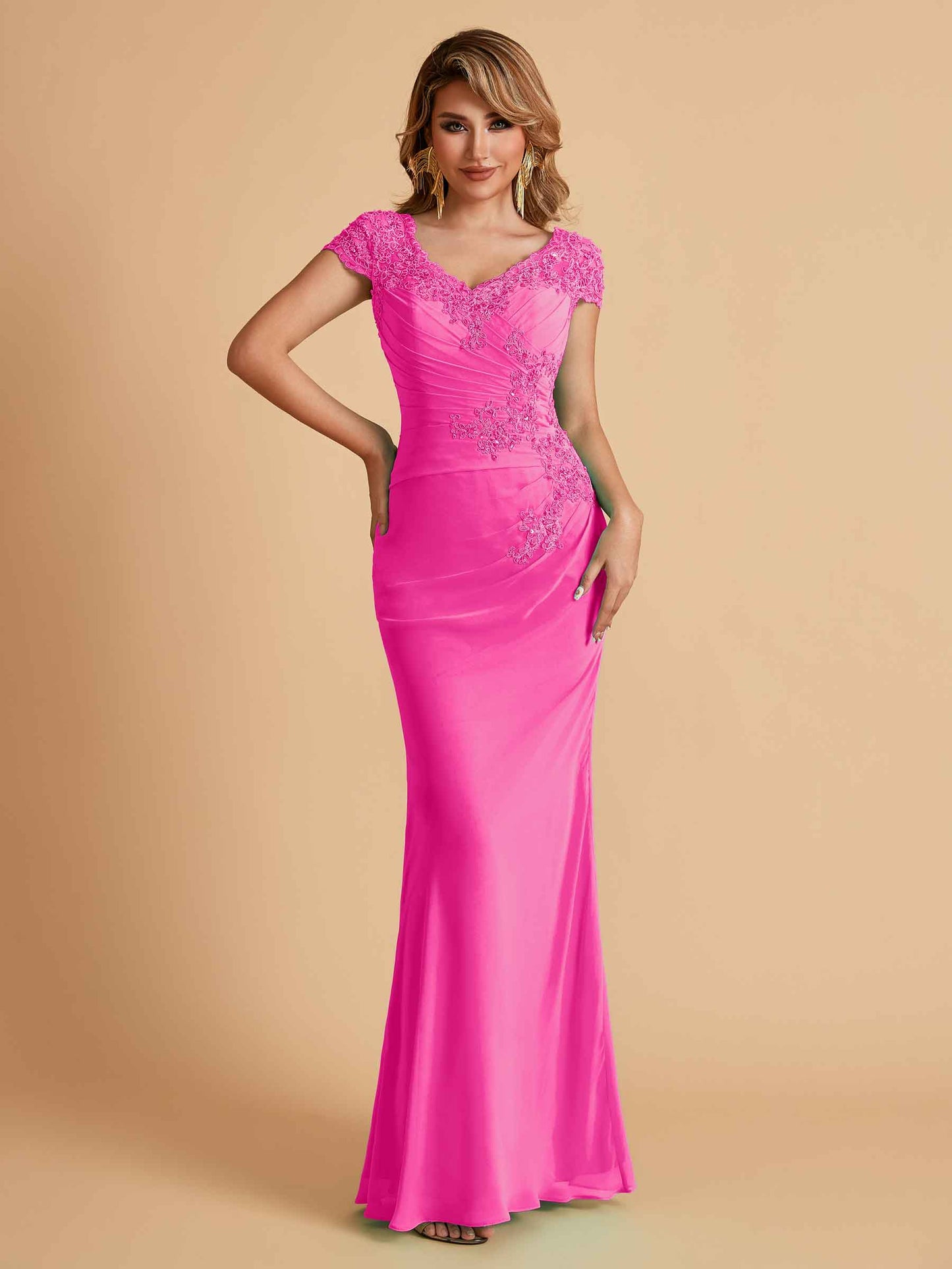 Elegant Mermaid Chiffon Cap Sleeves V-Neck Mother of the Brides Dresses Online