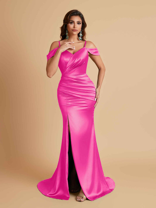 Sexy Soft Satin Mermaid Off Shoulder Side Slit Floor-Length Mermaid Bridesmaid Dresses