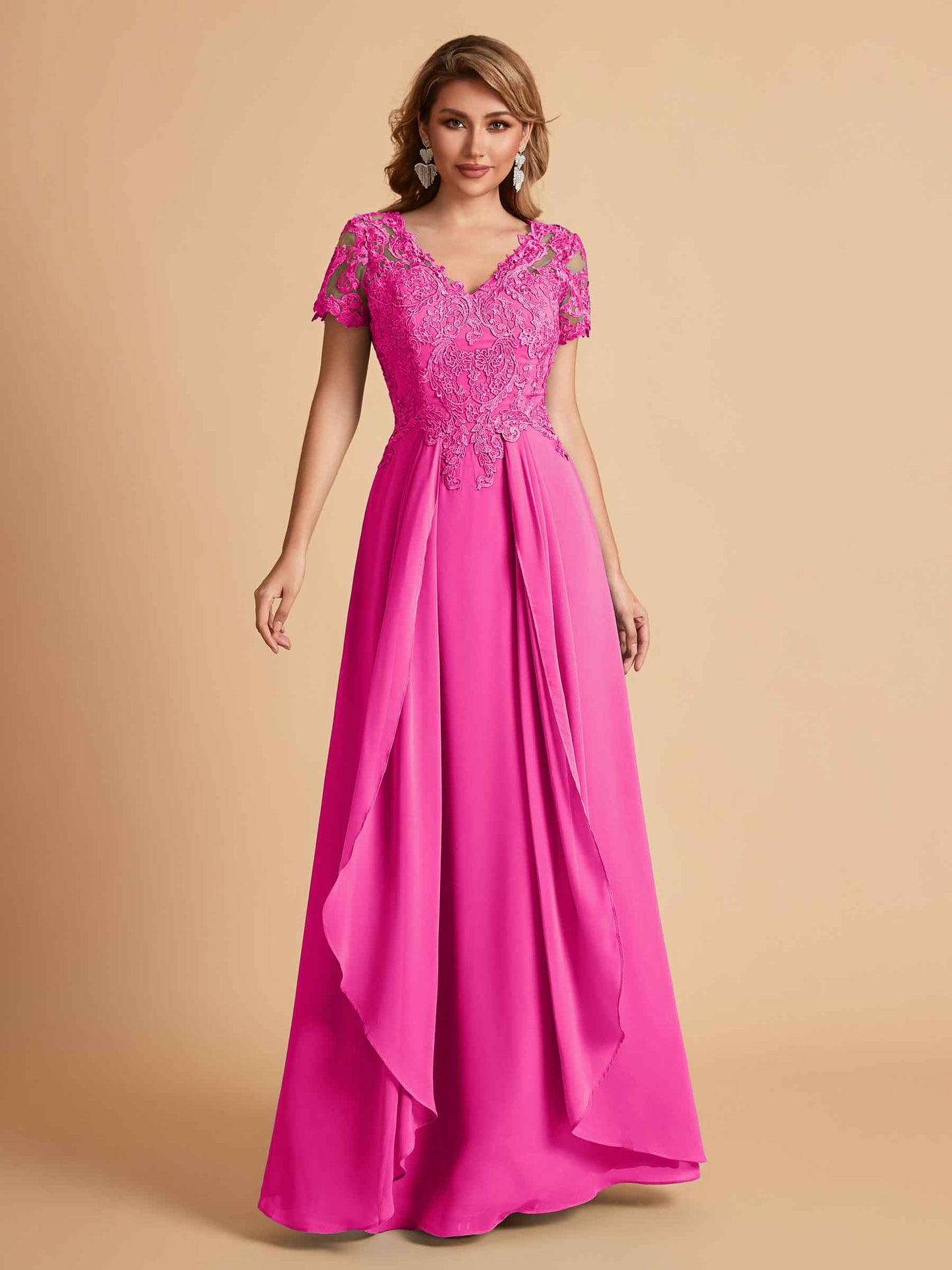 Elegant A-Line Chiffon Short Sleeves V-neck Mother of the Brides Dresses Lace Top MOB Dresses