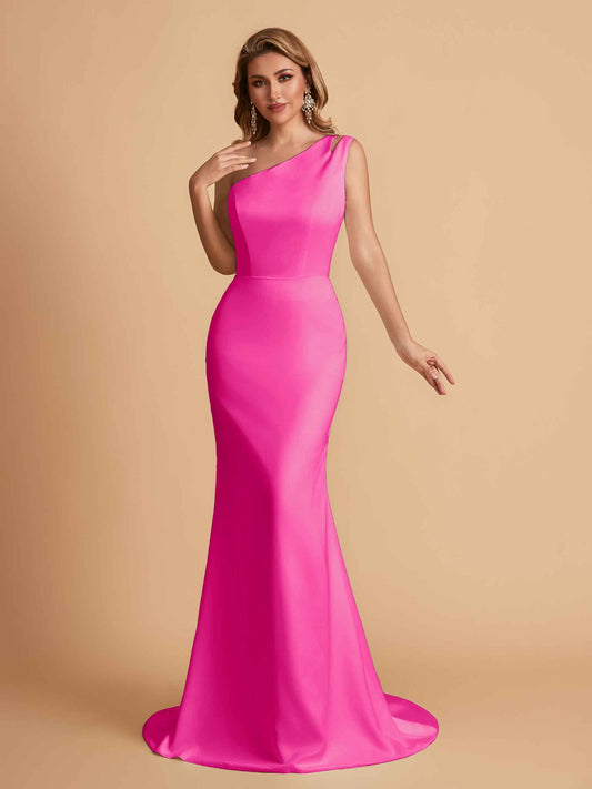Elegant Satin One Shoulder Mermaid Side Slit Floor Length Bridesmaid Dresses