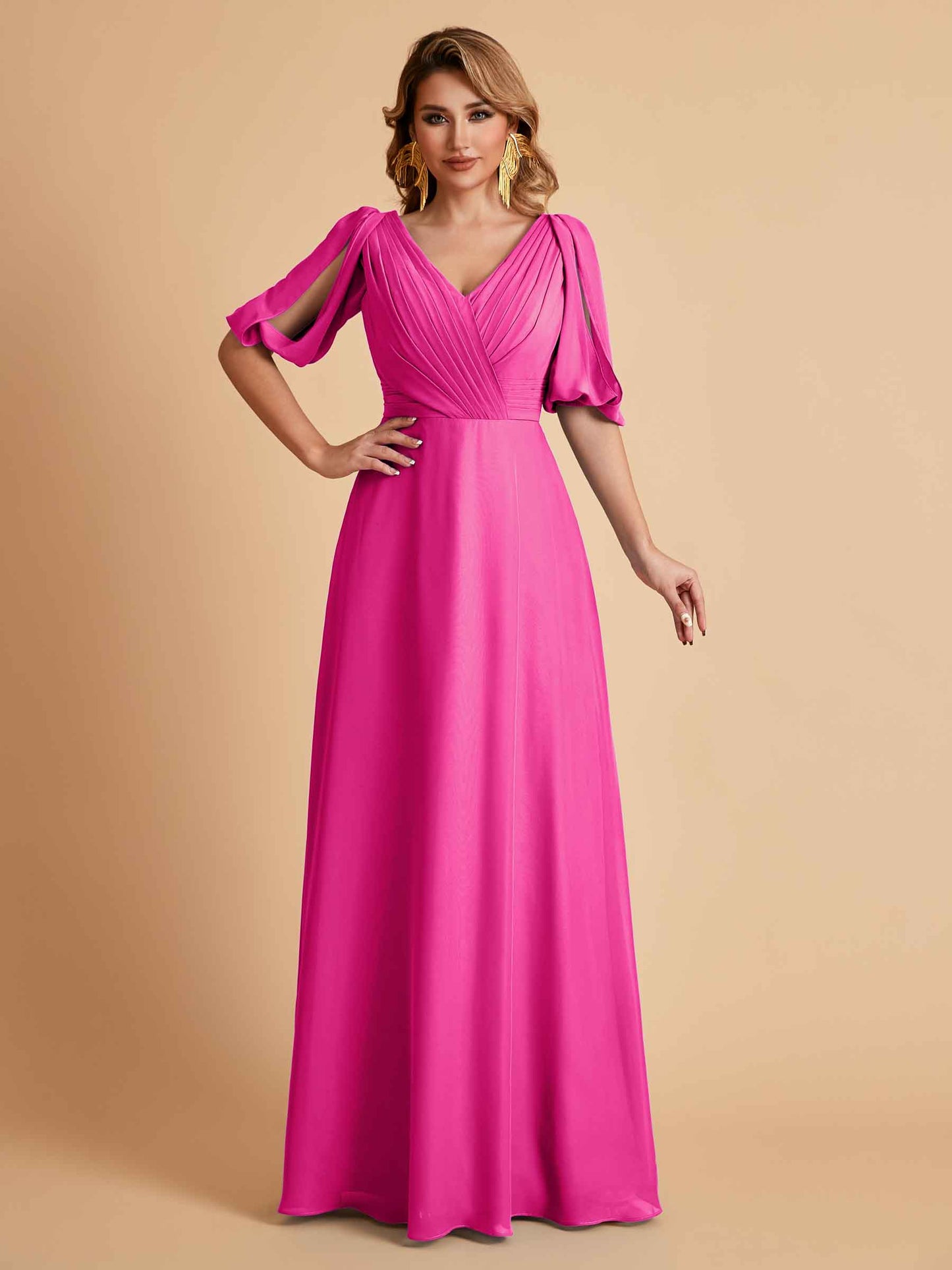 Elegant A-Line Chiffon Half Sleeves V-Neck Mother of the Brides Dresses Online