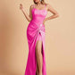 Sexy Satin Spaghetti Straps Mermaid Side Slit Floor Length Pleats Bridesmaid Dresses