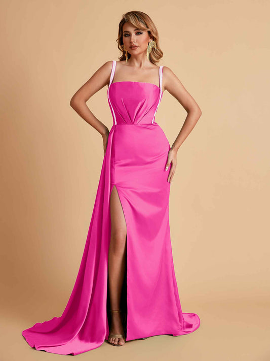 Sexy Satin Mermaid With Train Bridesmaid Dresses Pleats Side-Slit Floor-Length Wedding Guest Dresses
