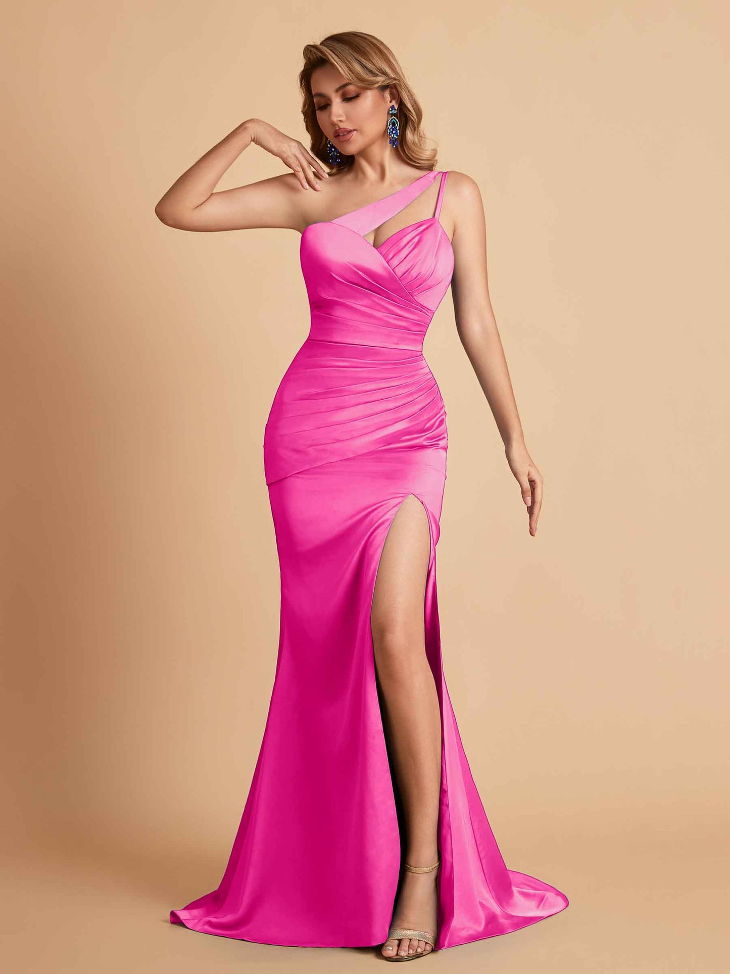 Elegant Satin One Shoulder Mermaid Side Slit Floor Length Bridesmaid Dresses