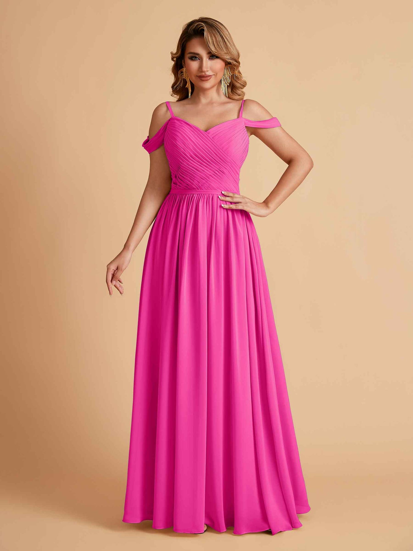 Elegant A-line Chiffon Off The Shoulder V-Neck Bridesmaid Dresses Online