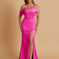 Elegant Soft Satin Mermaid Off Shoulder Asymmetrical Side Slit Floor-Length Bridesmaid Dresses