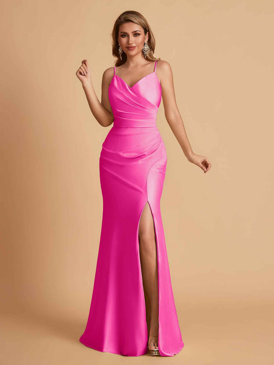 Elegant Satin Spaghetti Straps Mermaid Side Slit Floor Length Bridesmaid Dresses