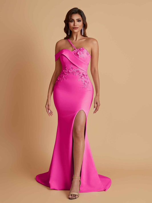 Sexy Soft Satin Mermaid One Shoulder Asymmetrical Side Slit Floor-Length Bridesmaid Dresses