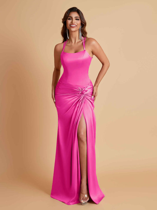 Gorgeous Square Criss Cross Soft Satin Side Slit Floor-Length Mermaid Bridesmaid Dresses
