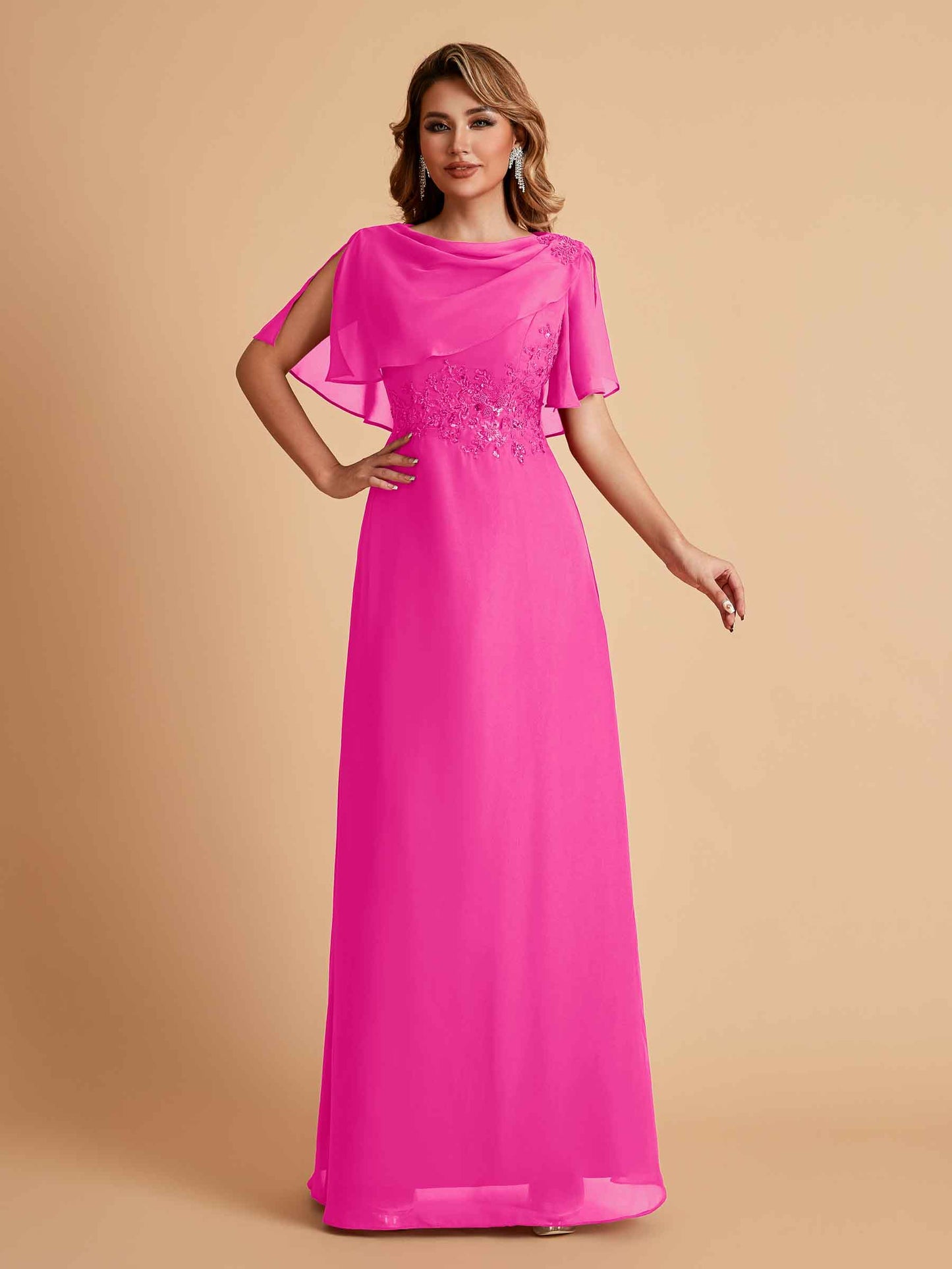 Elegant A-Line Chiffon Half Sleeves Jewel Mother of the Brides Dresses Online