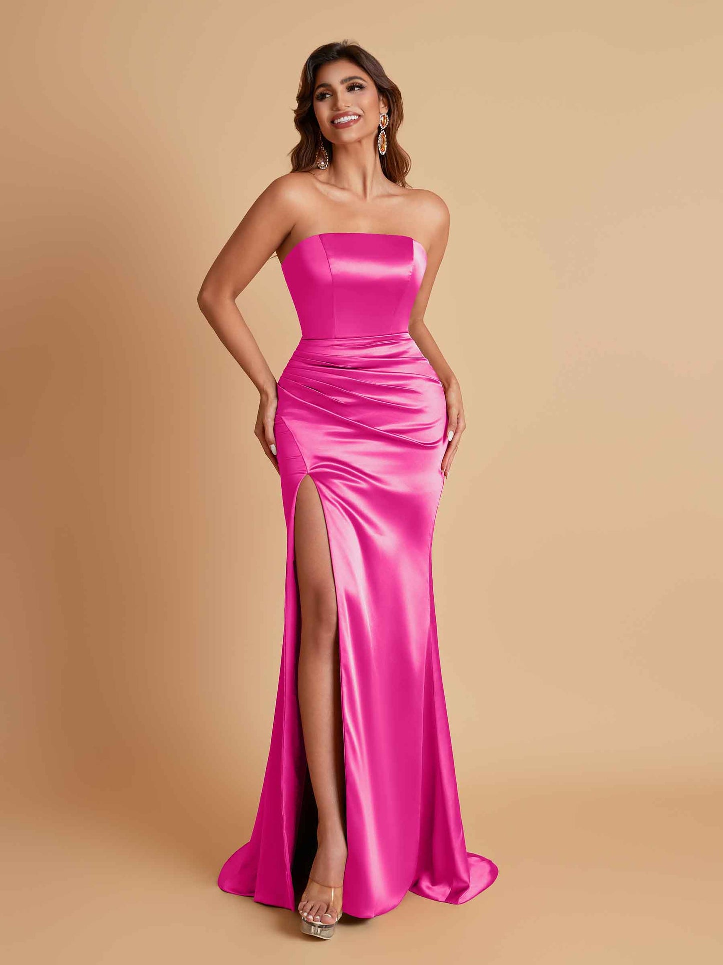 Elegant Soft Satin Strapless Split Side Mermaid Bridesmaid Dresses