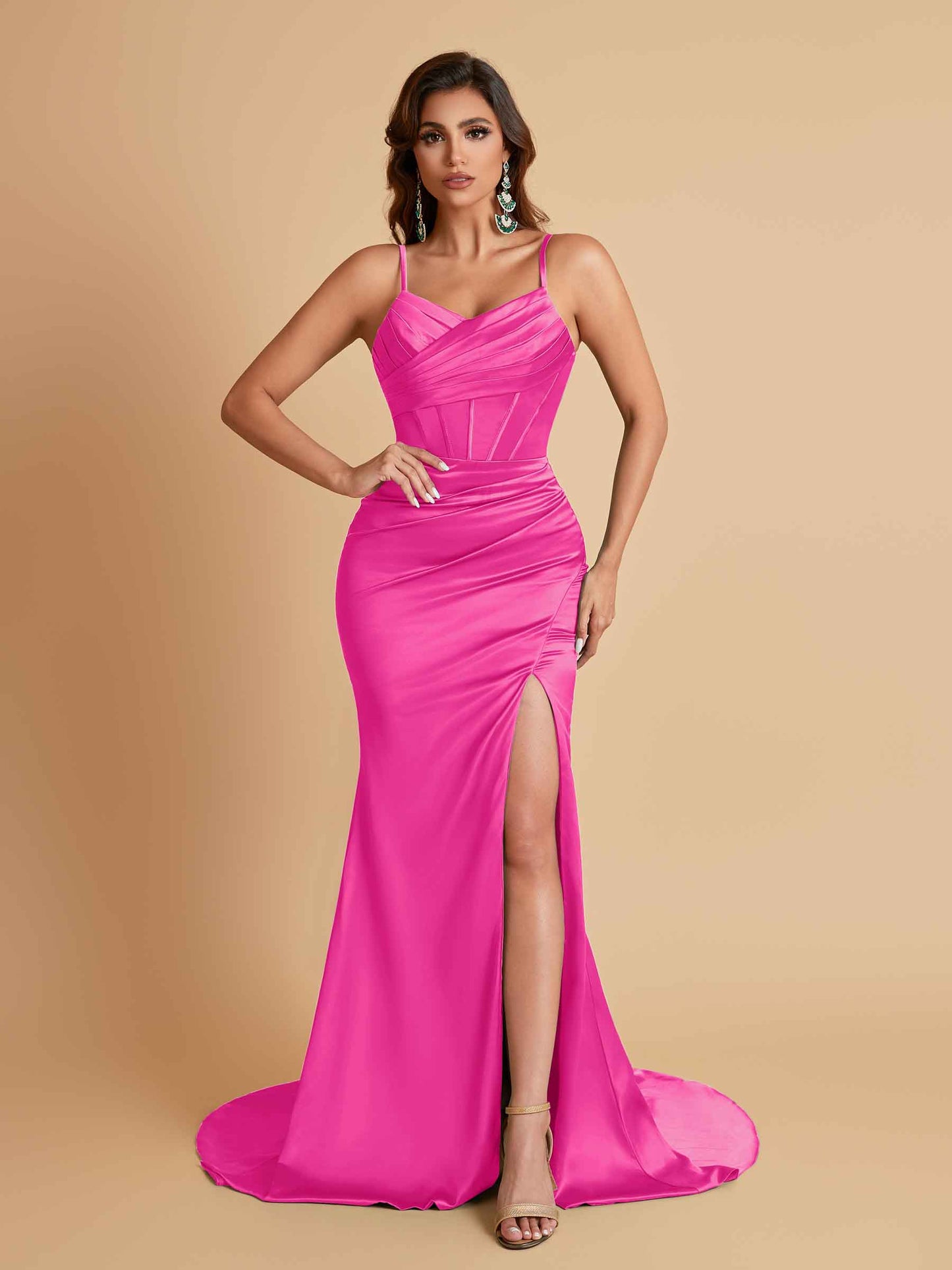 Sexy Spaghetti Straps V Neck Soft Satin Side Slit Floor-Length Mermaid Bridesmaid Dresses