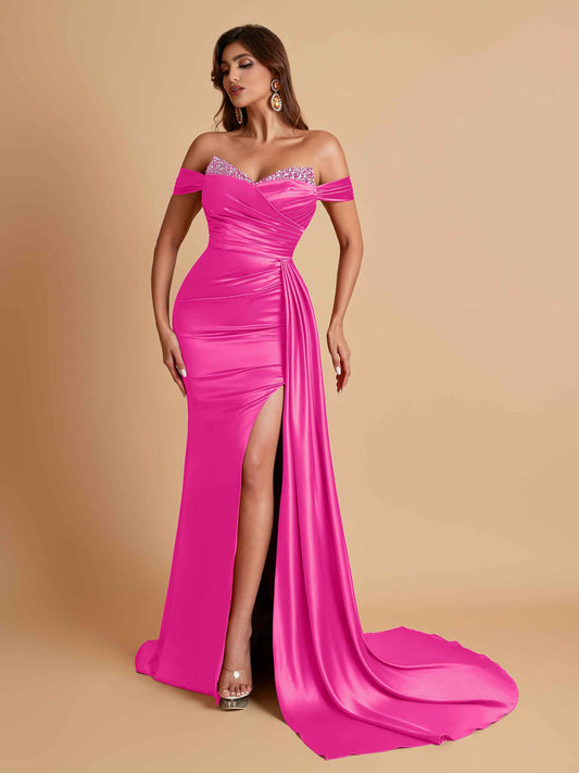 Gorgeous Soft Satin V-neck Off-the-Shoulder Side-Slit Mermaid Bridesmaid Dresses