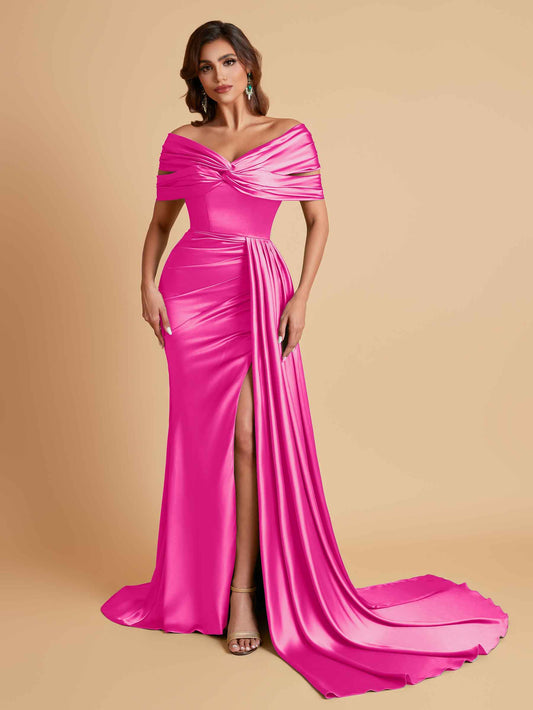 Elegant Soft Satin V-neck Off-the-Shoulder Side-Slit Mermaid Bridesmaid Dresses