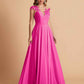 Chiffon Illusion Lace Top A-line Bridesmaid Dresses V-neck Floor Length Wedding Guest Dresses