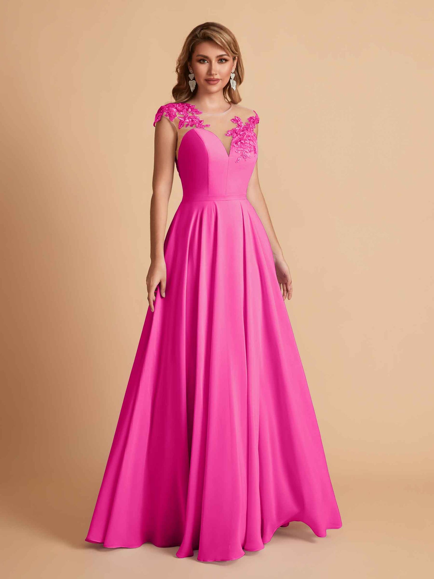 Chiffon Illusion Lace Top A-line Bridesmaid Dresses V-neck Floor Length Wedding Guest Dresses