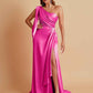 Sexy Soft Satin Mermaid One Shoulder Asymmetrical Side Slit Floor-Length Bridesmaid Dresses