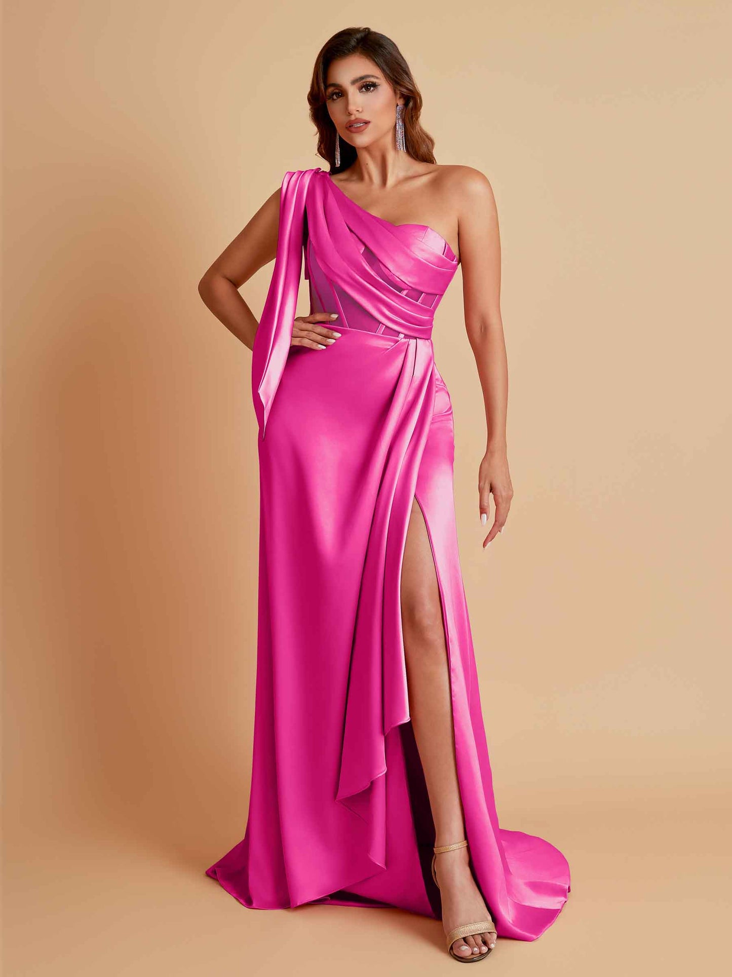 Sexy Soft Satin Mermaid One Shoulder Asymmetrical Side Slit Floor-Length Bridesmaid Dresses