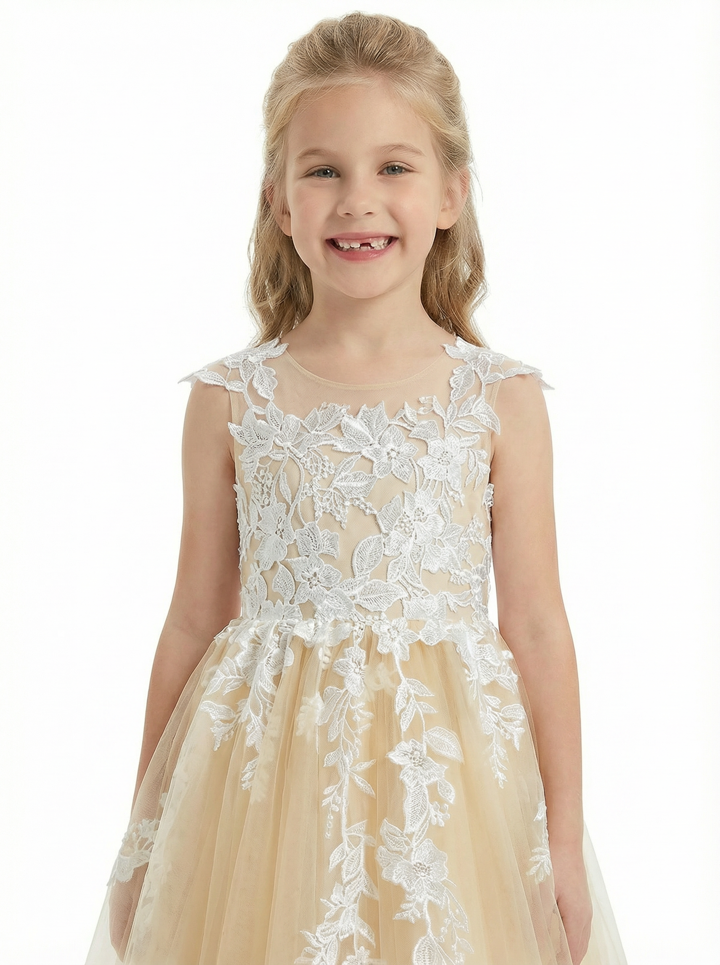 Lace Applique Flower Girl Dress, Spaghetti-Straps Sleeveless A-Line, Elegant Tulle Skirt