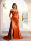 Satin Mermaid Off Shoulder Bridesmaid Dresses Sweetheart Floor Length with Train