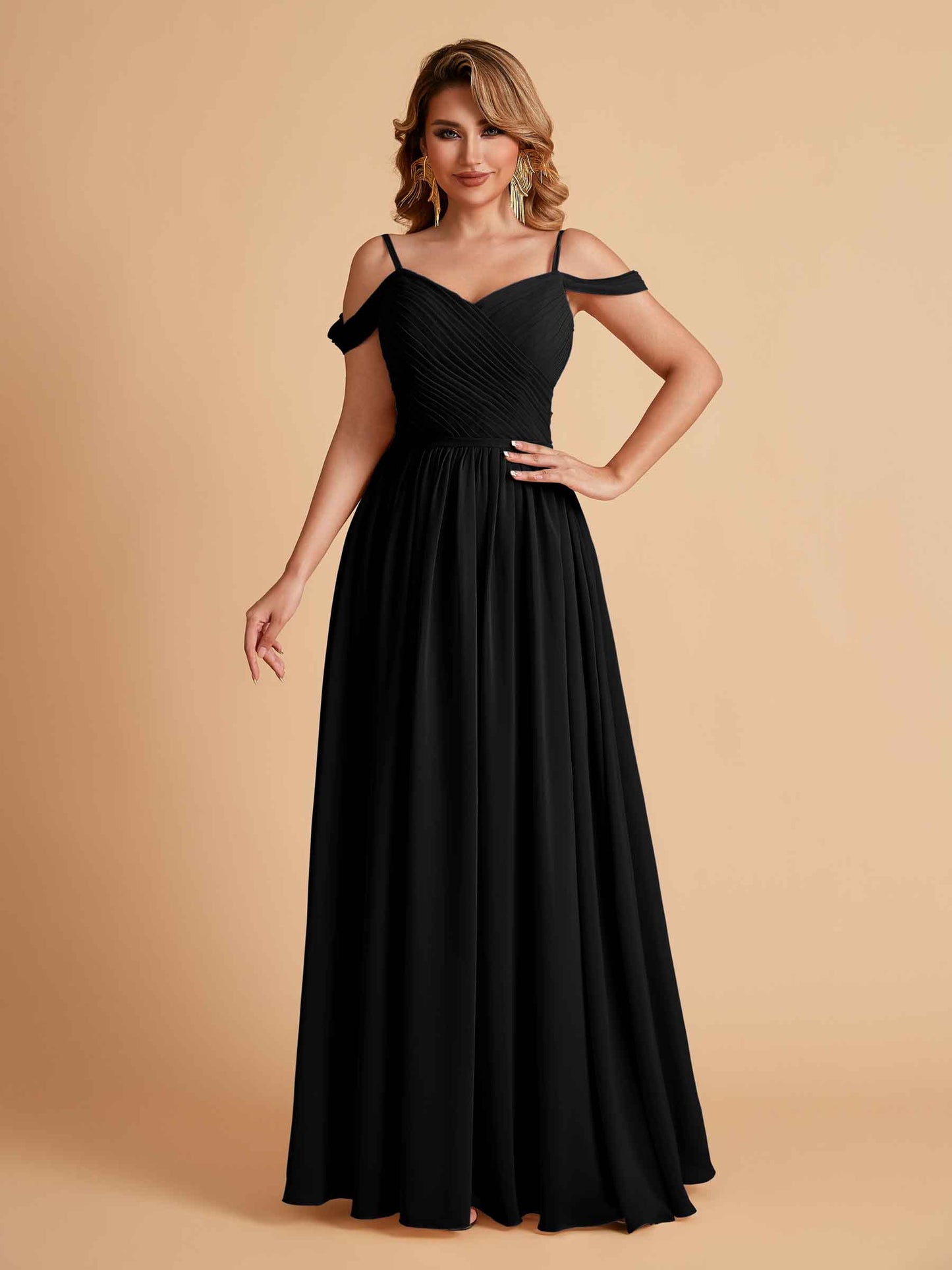 Elegant A-line Chiffon Off The Shoulder V-Neck Bridesmaid Dresses Online