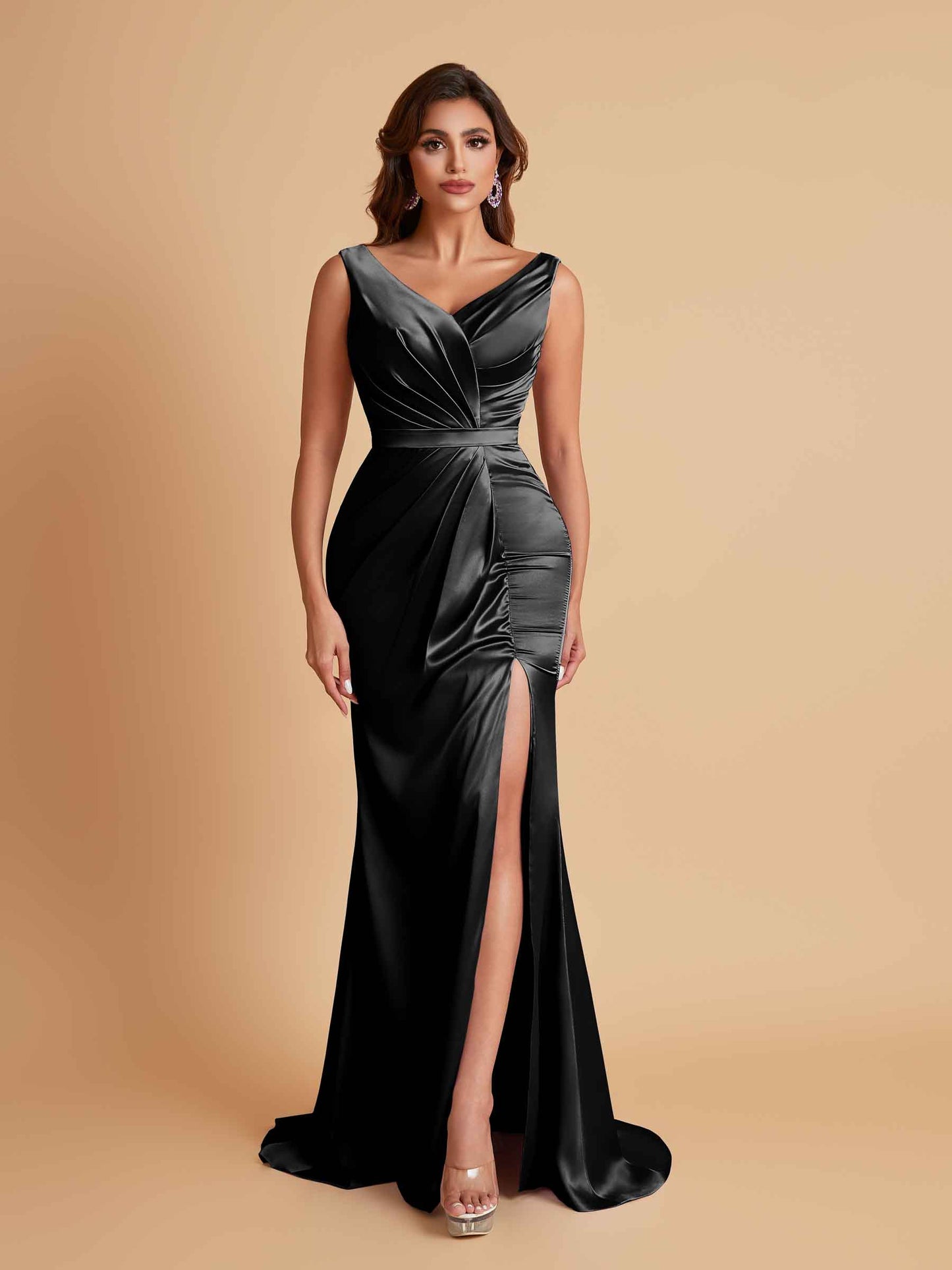 Elegant V Neck Soft Satin Side Slit Floor-Length Mermaid Bridesmaid Dresses