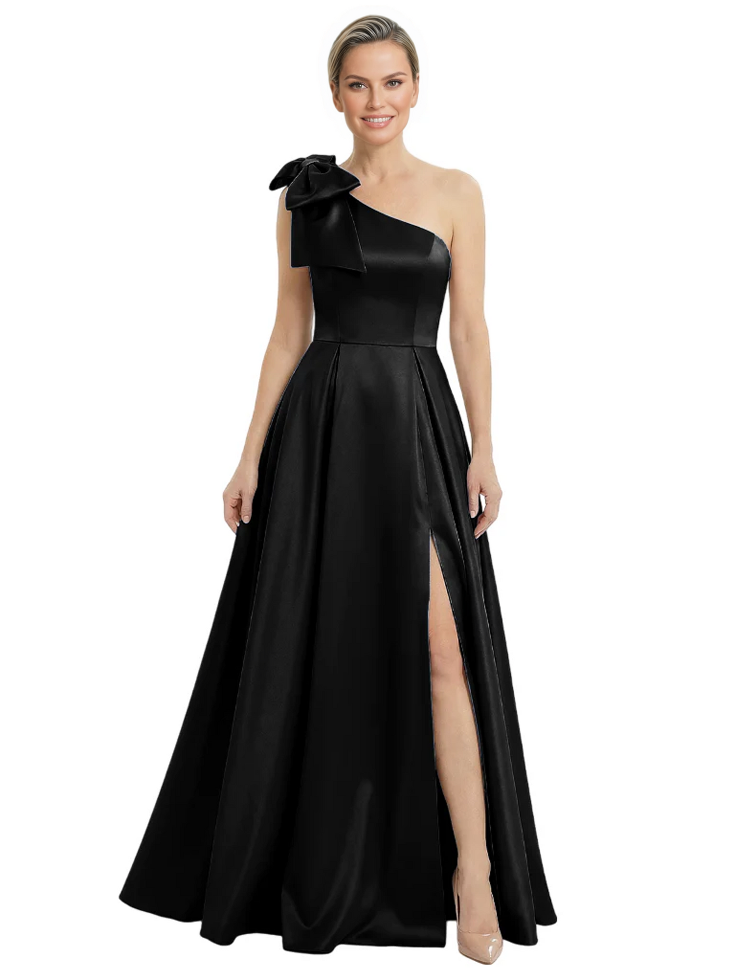 Luxury Bow Black Formal Dress One-Shoulder A-Line Gowns with Sexy Side Slit 2026