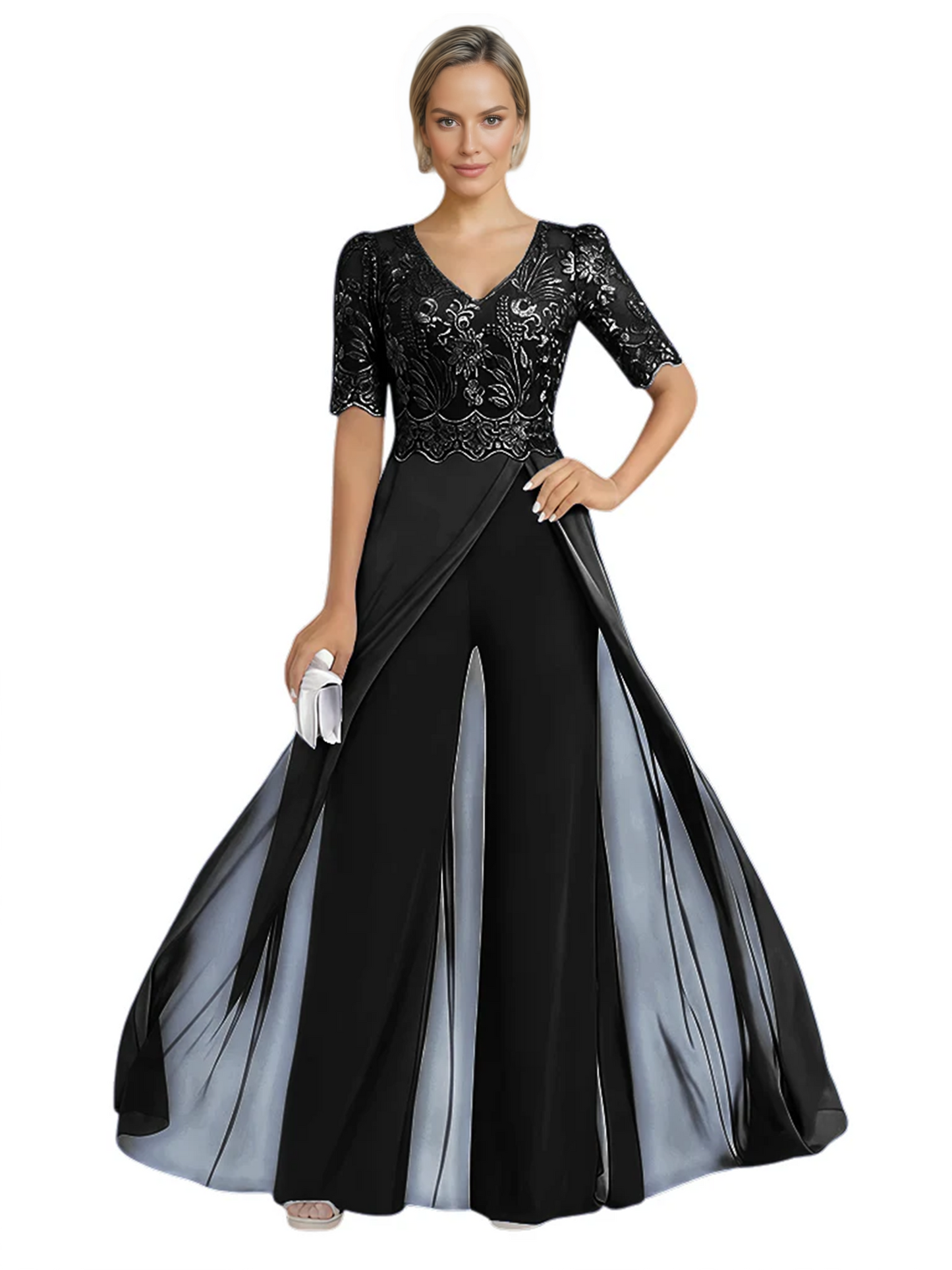 V-Neck Chiffon Mother of the Brides Jumpsuits Dresses Floor Length A-Line Lace