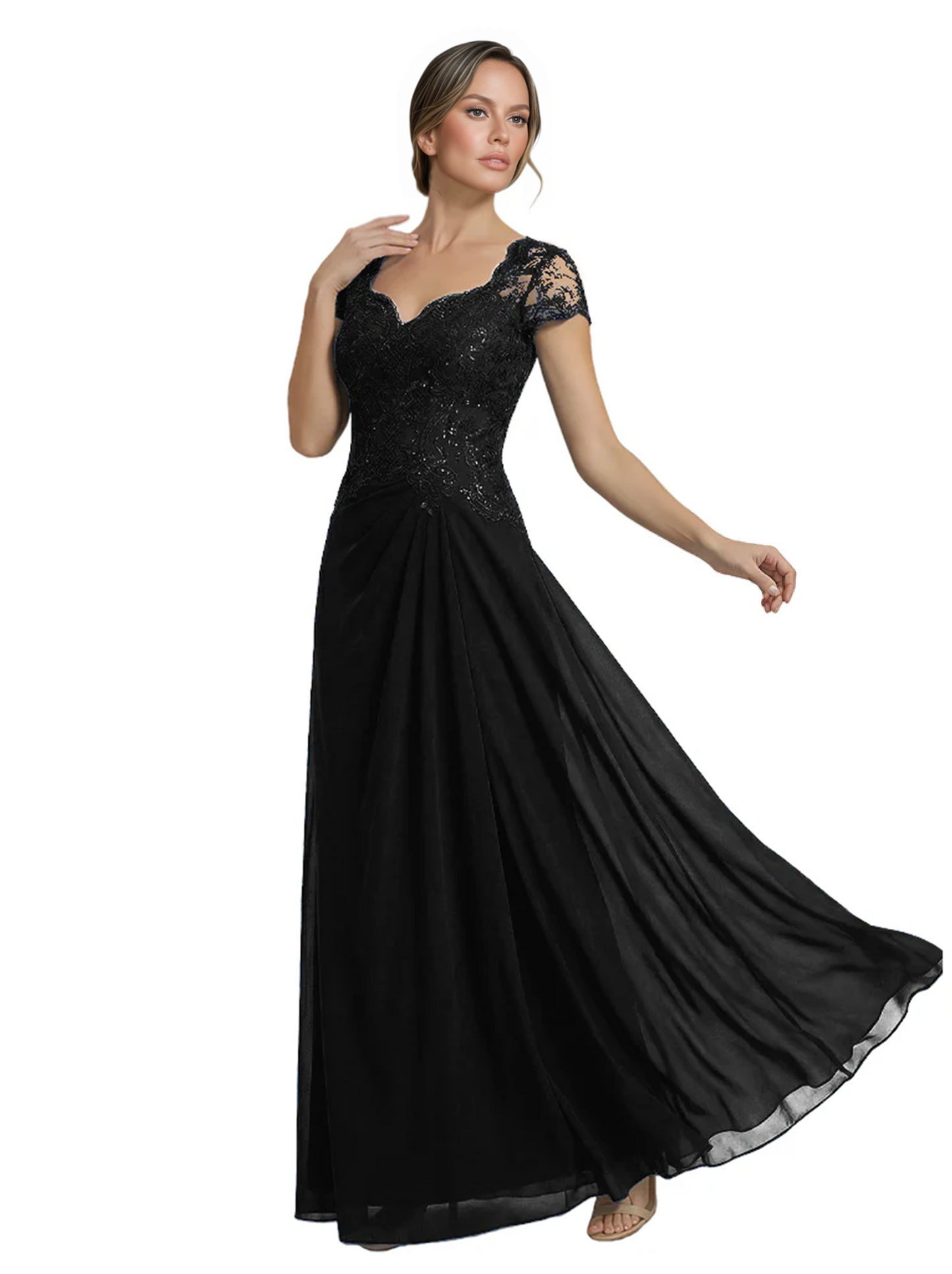 Long A-line Chiffon Short Sleeves Mother of the Brides Dresses Lace Wedding