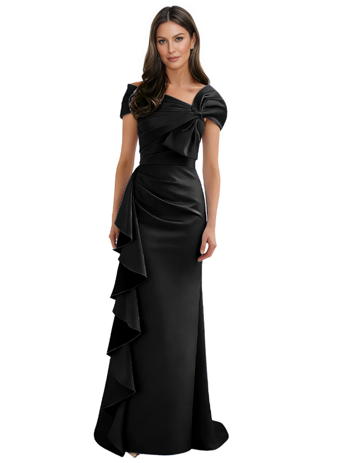 Elegant Mother of Bride Dress Formal Gowns Mermaid Ruffle Floor Length Asymmetric Neckline