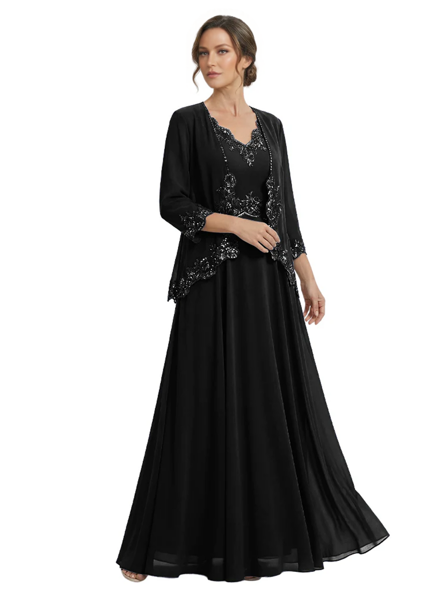 Plus Size A-line Chiffon 3/4 Sleeves Mother of the Brides Dresses Long Jacket Dress